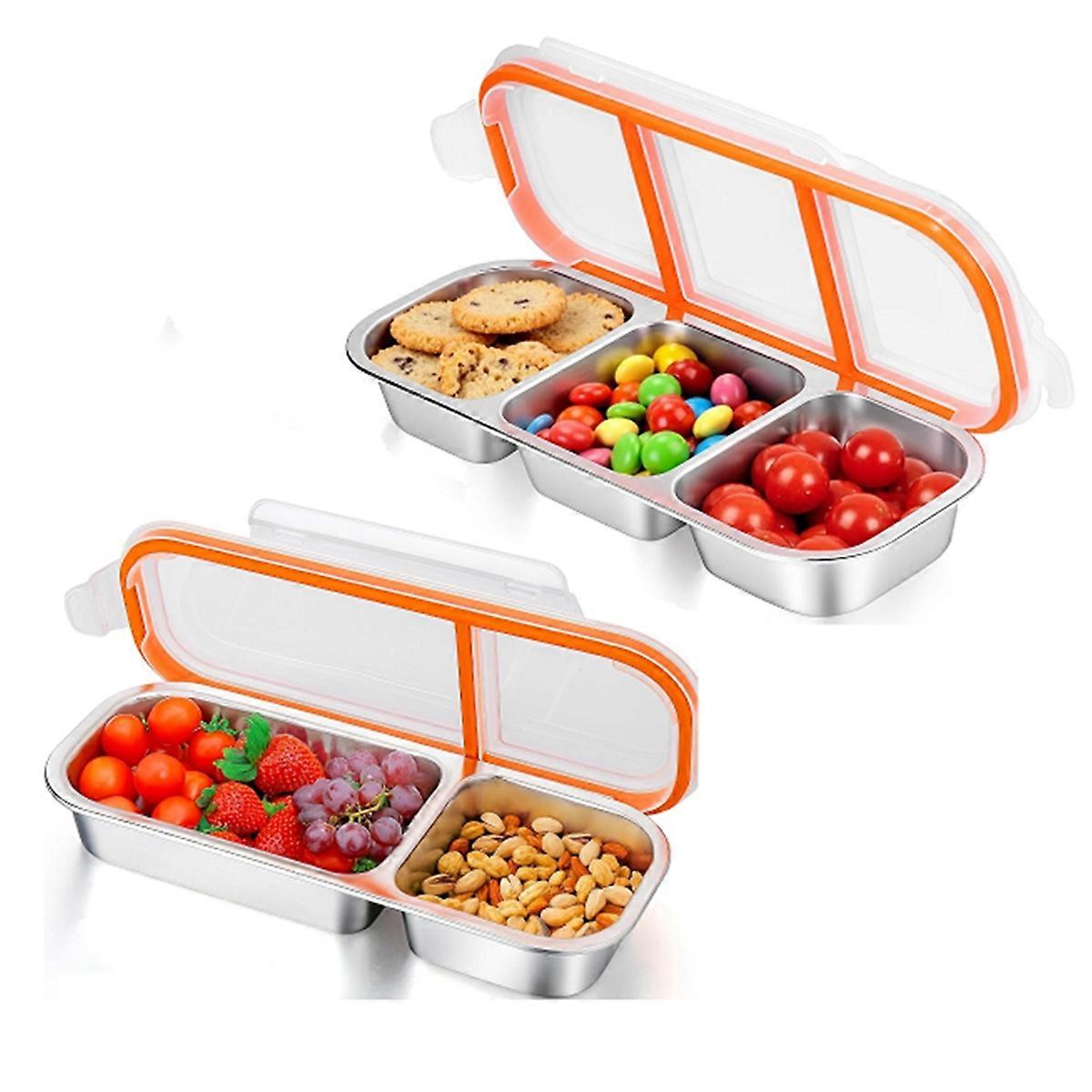 2pcs Stainless Steel Snack Containers Reusable - 2 and 3 Compartment Condiment Box with Lids for School, Travel