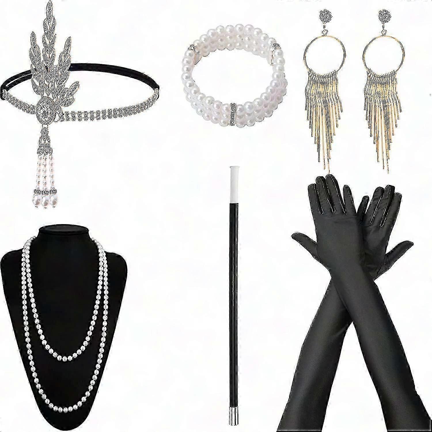 1920年代レディースアクセサリーセット、7個ギャツビーフラッパーヘッドバンドロングブラックグローブネックレスイヤリング咆哮20年代テーマパーティー