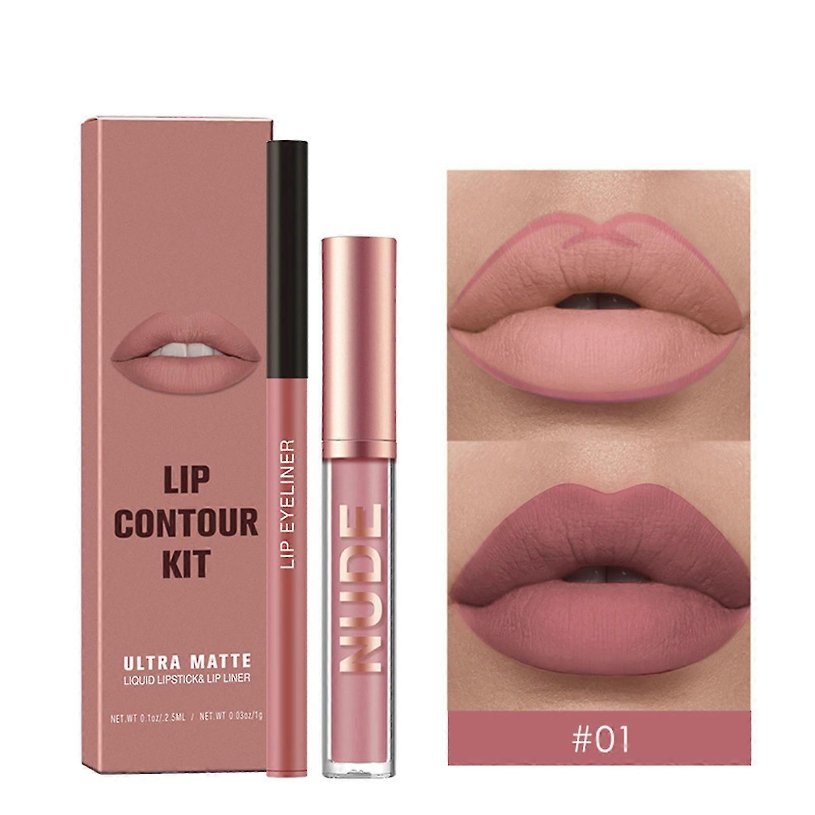 2Pcs Matte Lipstick and Lip Liner Set, Cream Nude Mauve Long Lasting Waterproof Lipliner Pencil & Plumper Lip Gloss