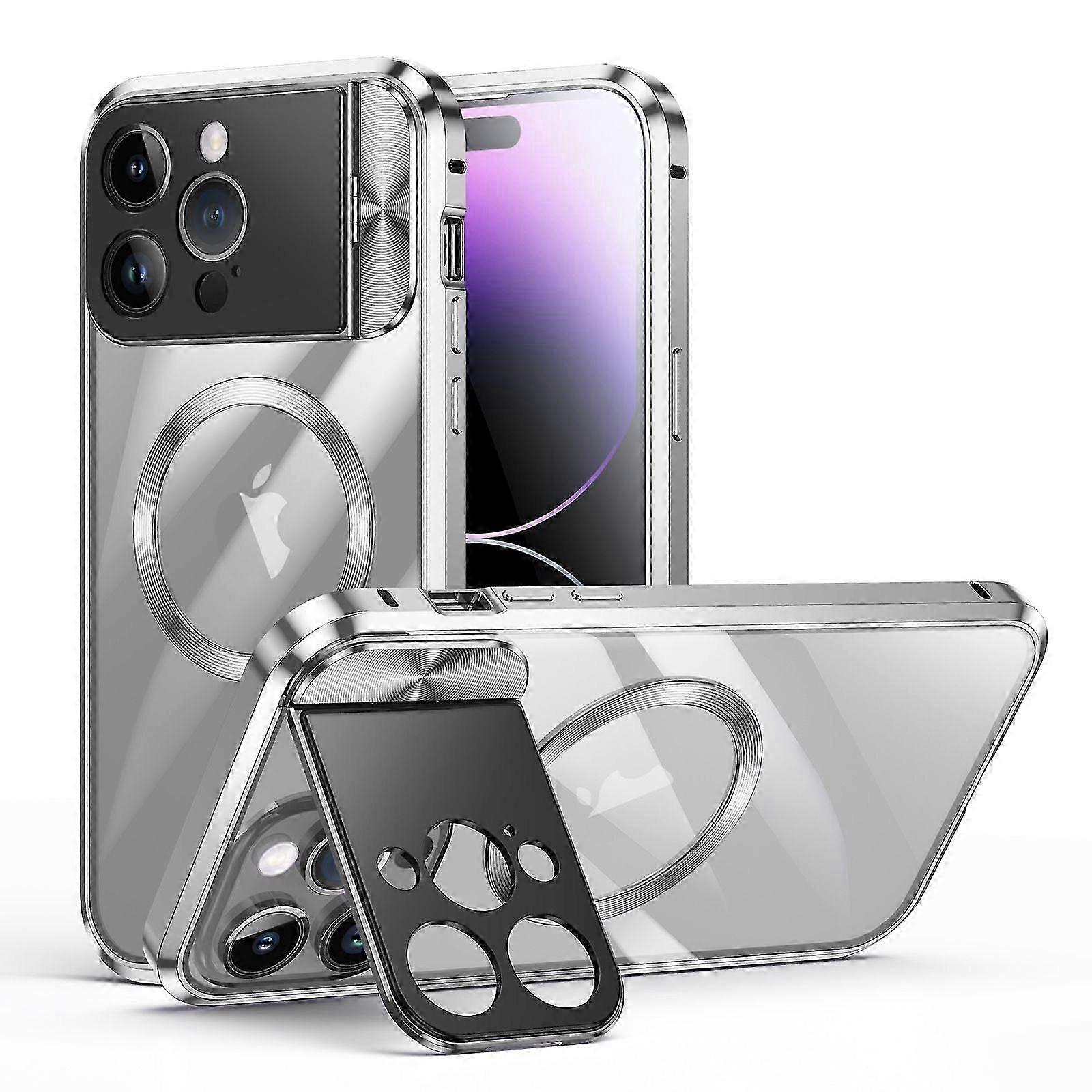 MagSafe-Compatible Magnetic Case for iPhone 14 with 360 Military Shockproof Protection and Invisible Stand, Slim Metal Frame