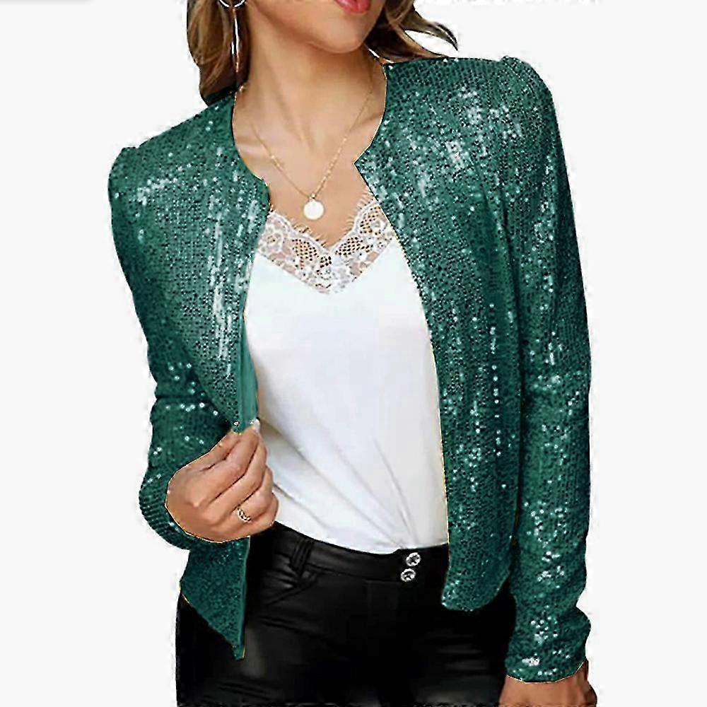 Women's Sequin Jacket Open Front Long Sleeve Crop Blazer Puff Sleeve Sparkly Coats Christmas Disco Sparkling Top 26s