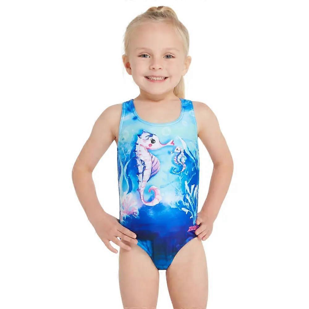 Zoggs Tots 女孩 Sea Horse Actionback 泳装 - 蓝色/粉色