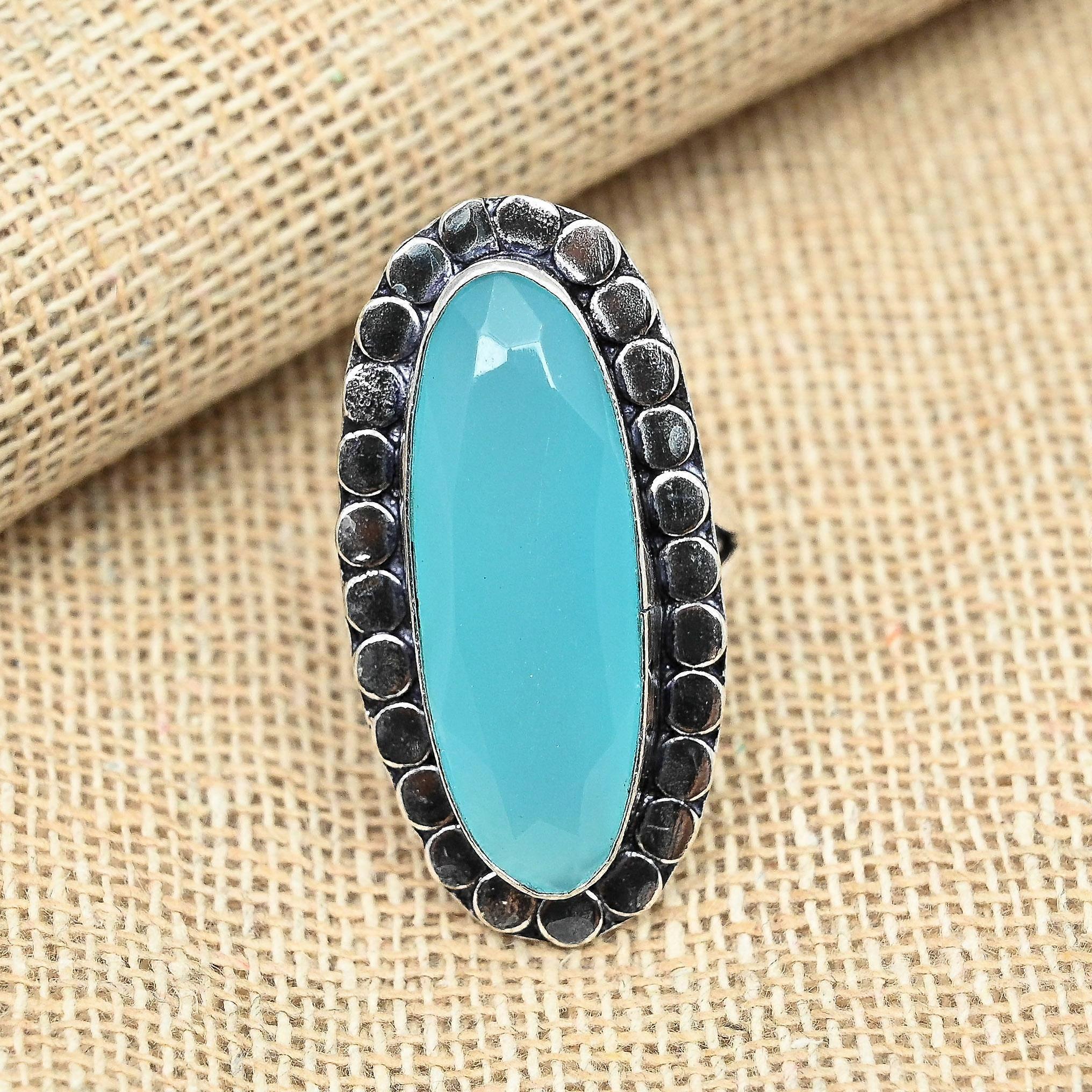 Blue Chalcedony Gemstone Solid 925 Sterling Silver Handmade Oval Shape Ring Jewelry
