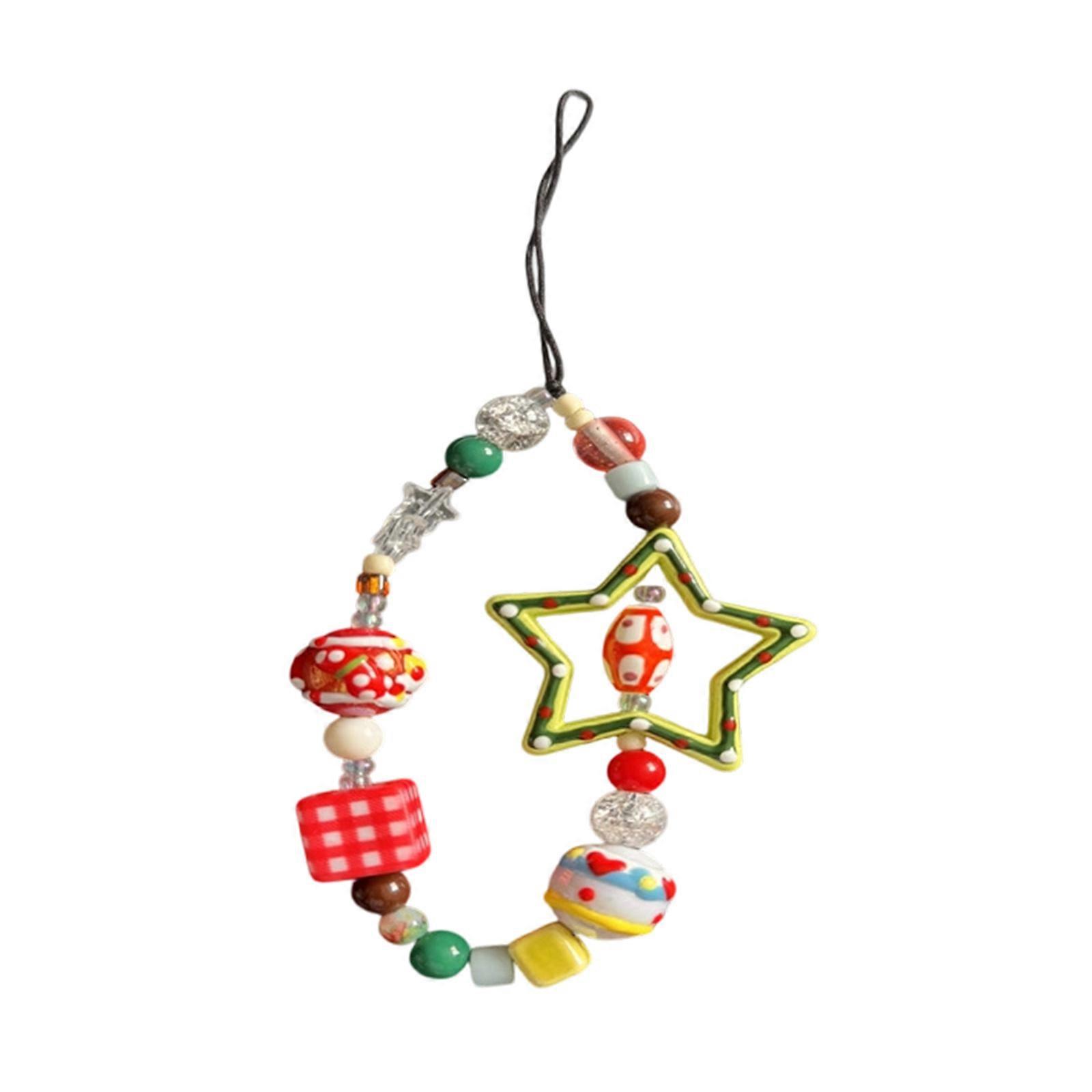 Hand Painted Star Design Keychain PVC Christmas Theme Beaded Phone Chain Strap For Keys And Daily Belongings Multicolor