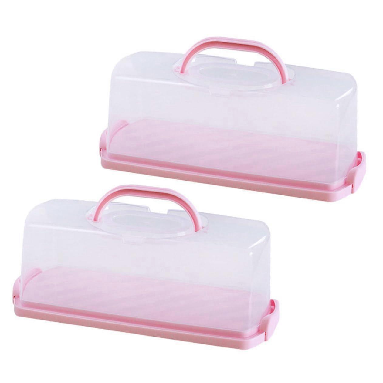 2 Pack Rectangular Cake Carrier with Airtight Transparent Lid and Handle for Travel Camping Kitchen Storage Pink