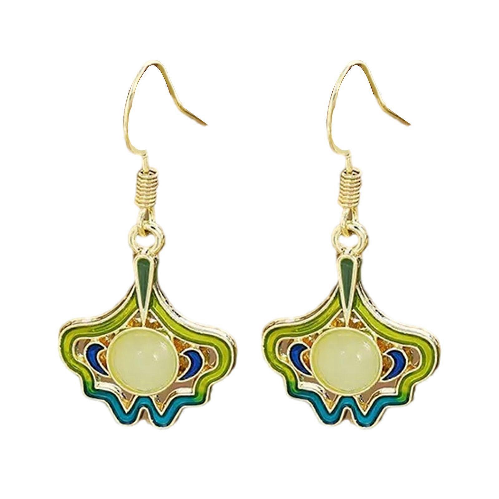 Handcrafted Fan Motif Tassels Drop Earrings Silver Plated Earhooks Anti Tarnish Alloy For Cultural Festivals Formal Event  Green and blue