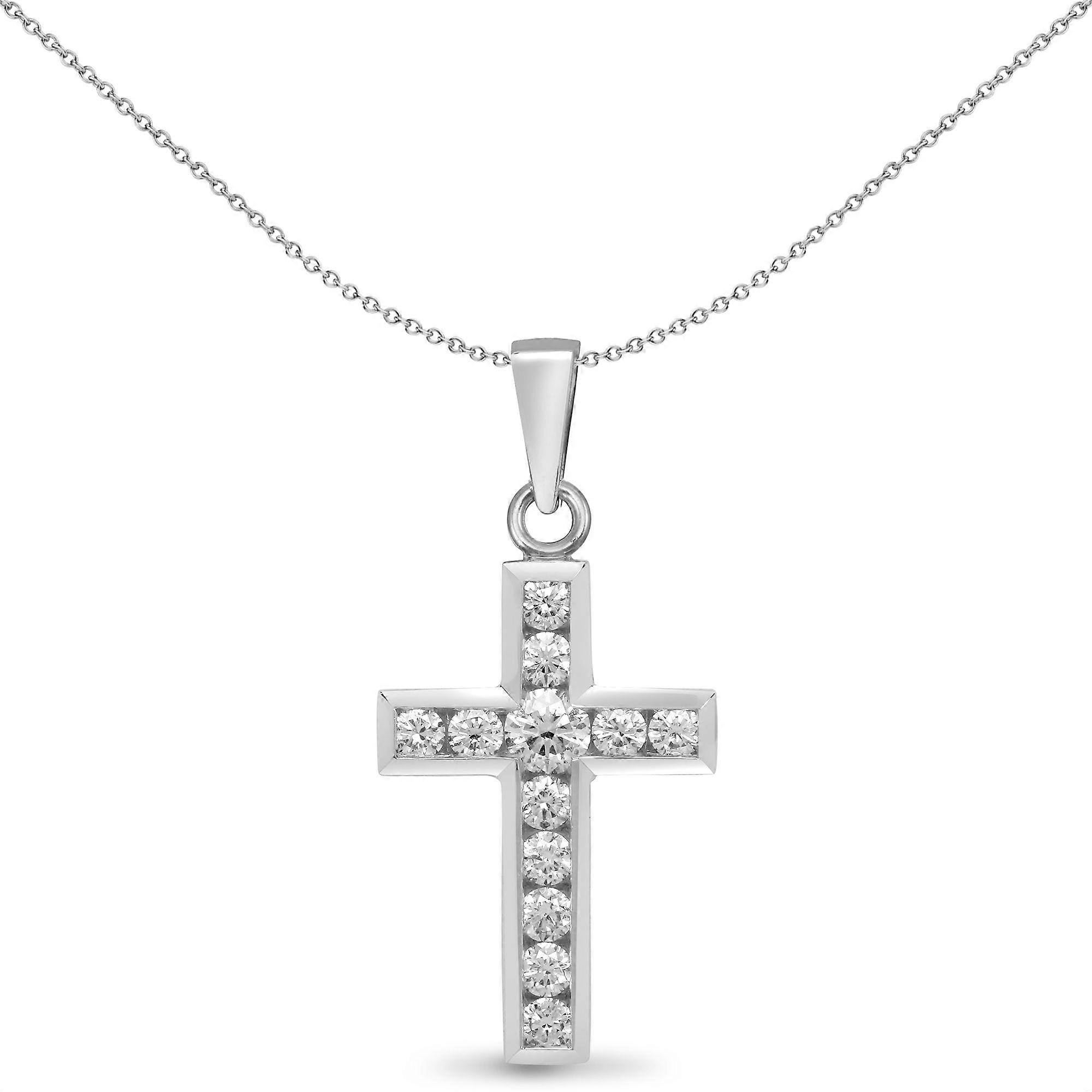 Jewelco London Ladies Solid 18ct White Gold Channel Set Round G SI1 0.44ct Diamond Flat Cross Pendant