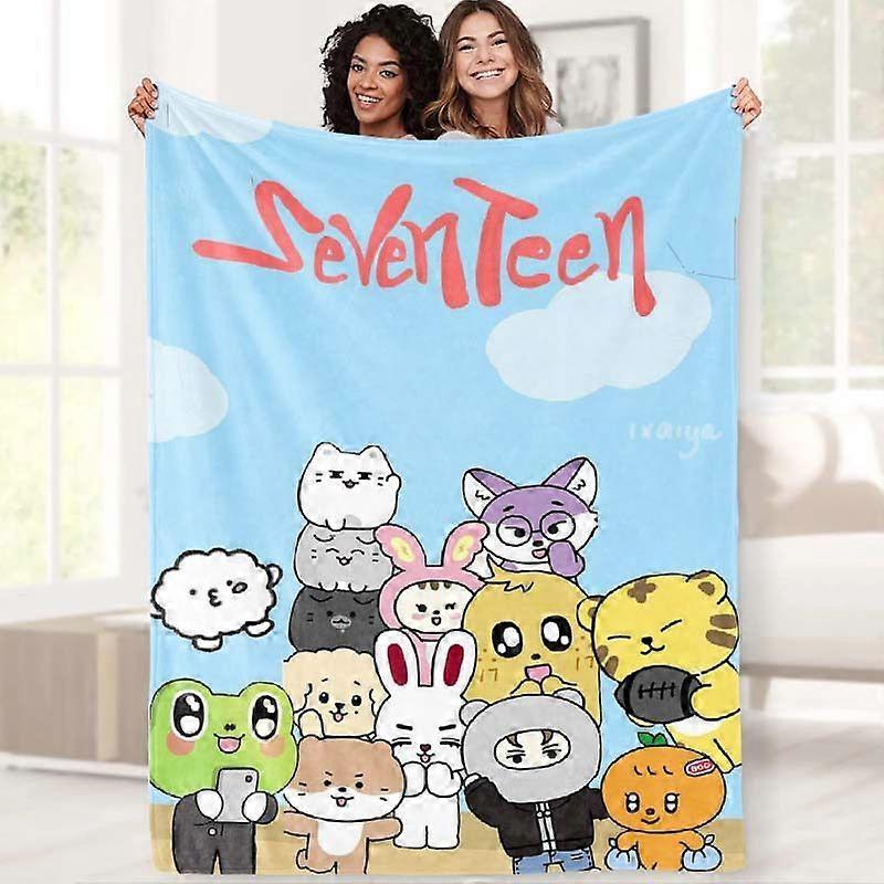 SEVENTEEN K-Pop Group Members Plush Blanket - Cute Anime Style with 13 Chibi Characters, Soft Flannel Fabric for Bed, Ca-AZXCM148