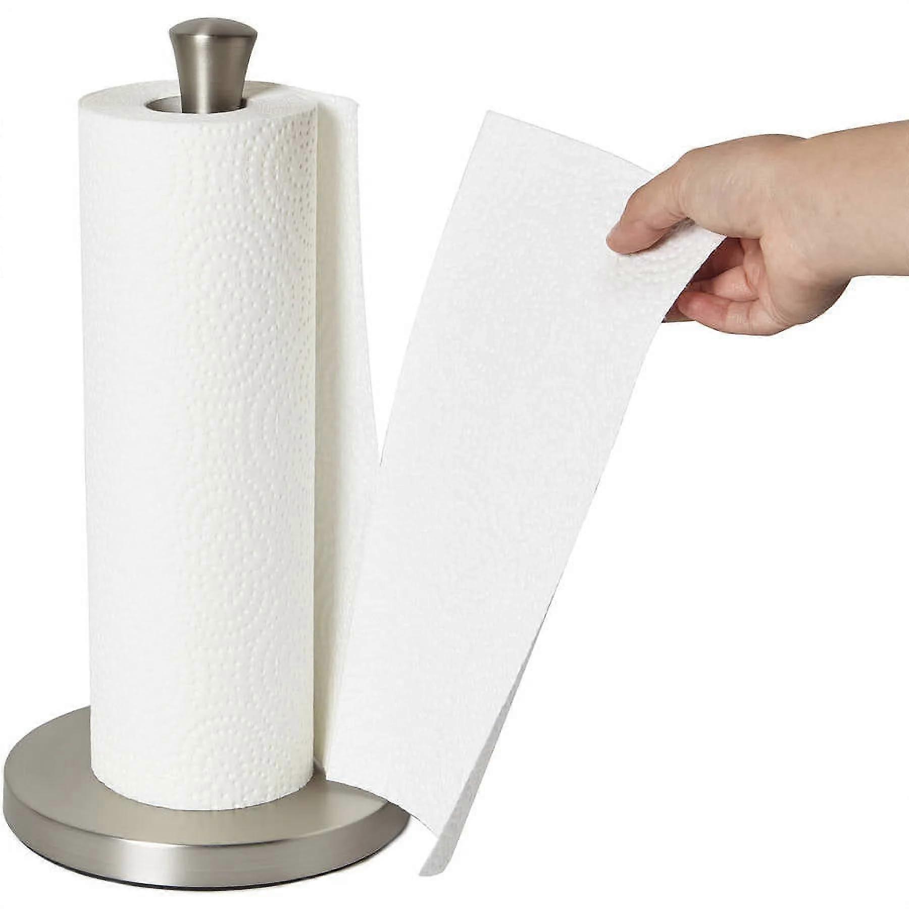 Paper Towel Holder with Weighted NonSlip Base, Brushed Nickel, Fits Standard Rolls, OneHand Tear