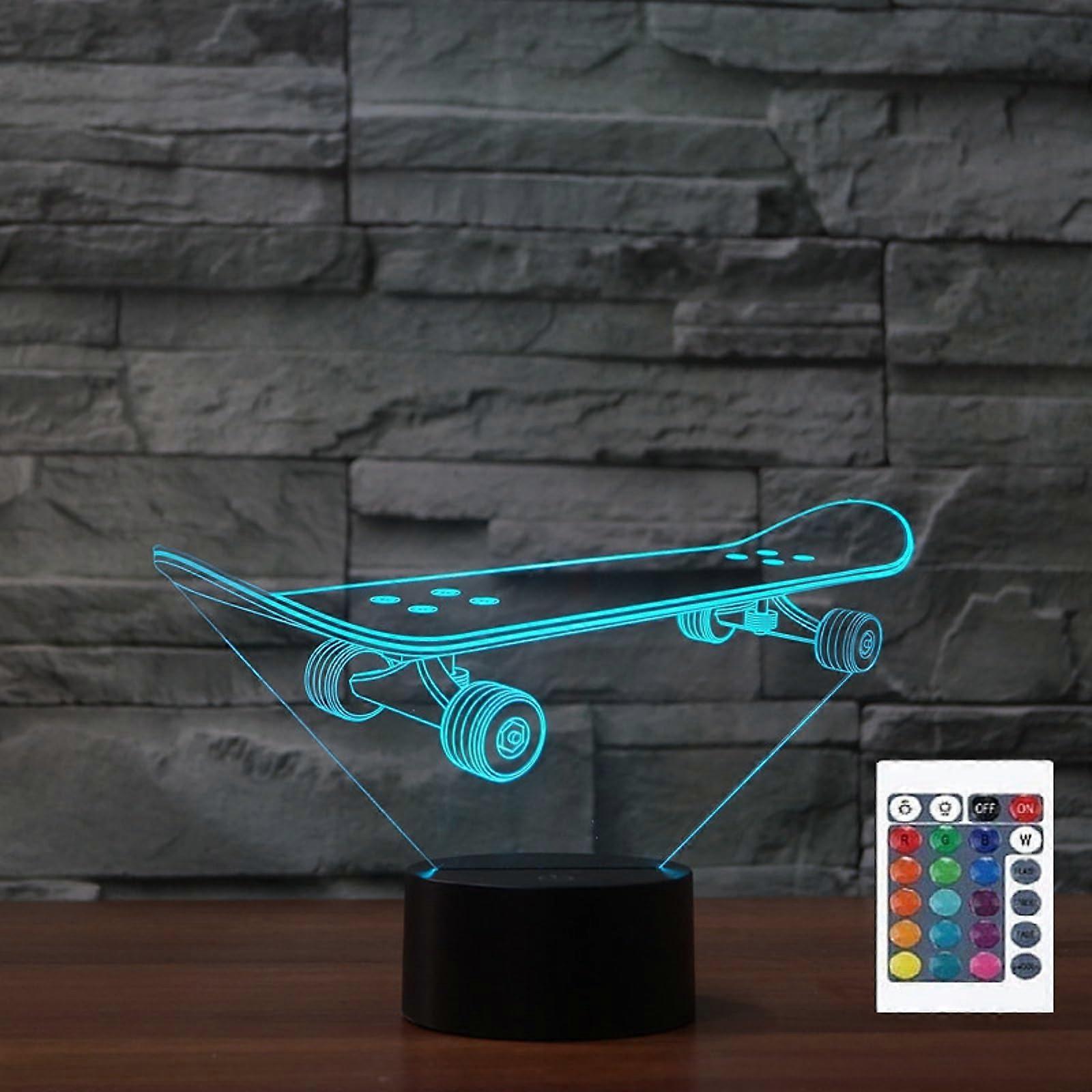 3D Illusion Skateboard Night Light with Remote, 16 Color Changing LED Lamp for Kids Room Decor