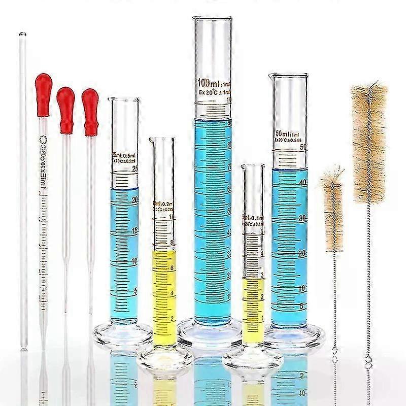 Glass Graduated Measuring Cylinders Set Premium Borosilicate Cylinders Kit With 3 Pipettes+2 Brushes+1 Stirring Rod