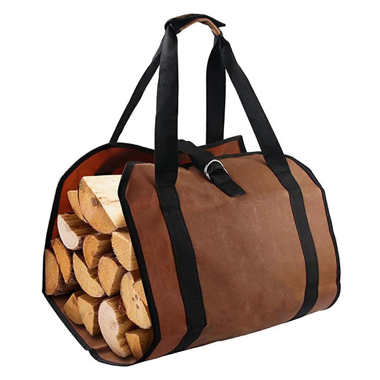 Waxed Canvas Firewood Carrier Bag Heavy Duty Log Tote with Reinforced Handles Large Capacity Brown