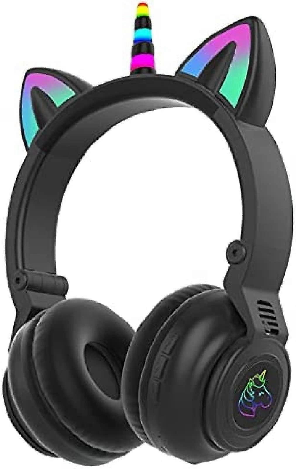 Wireless Children's Headset Bluetooth 5.0 CatEar Foldable EarHook Design HD Sound BuiltIn Microphone LED Lights Black