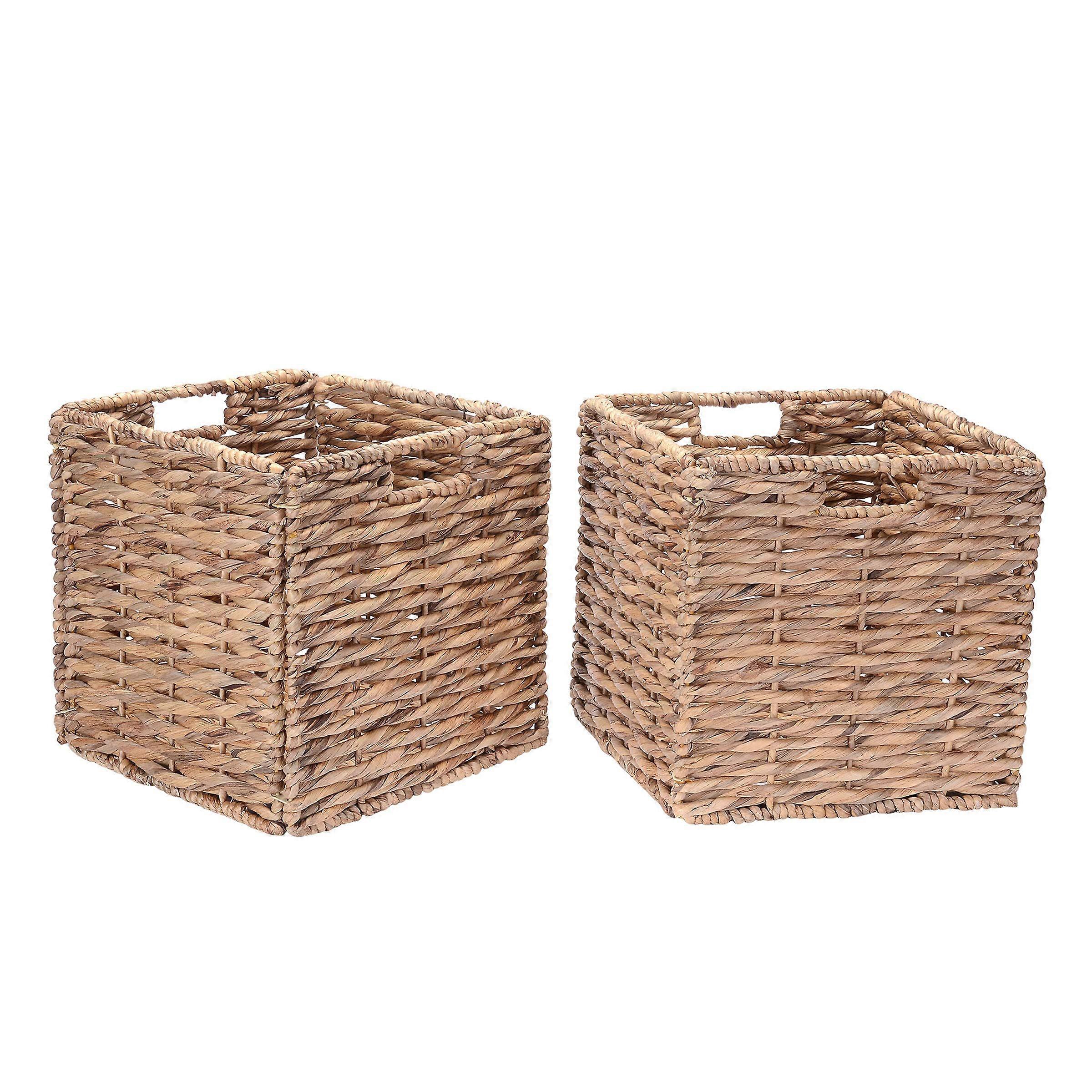 Set of 2 12 Inch Square Wicker Storage Baskets with Handles, Foldable Handmade Water Hyacinth