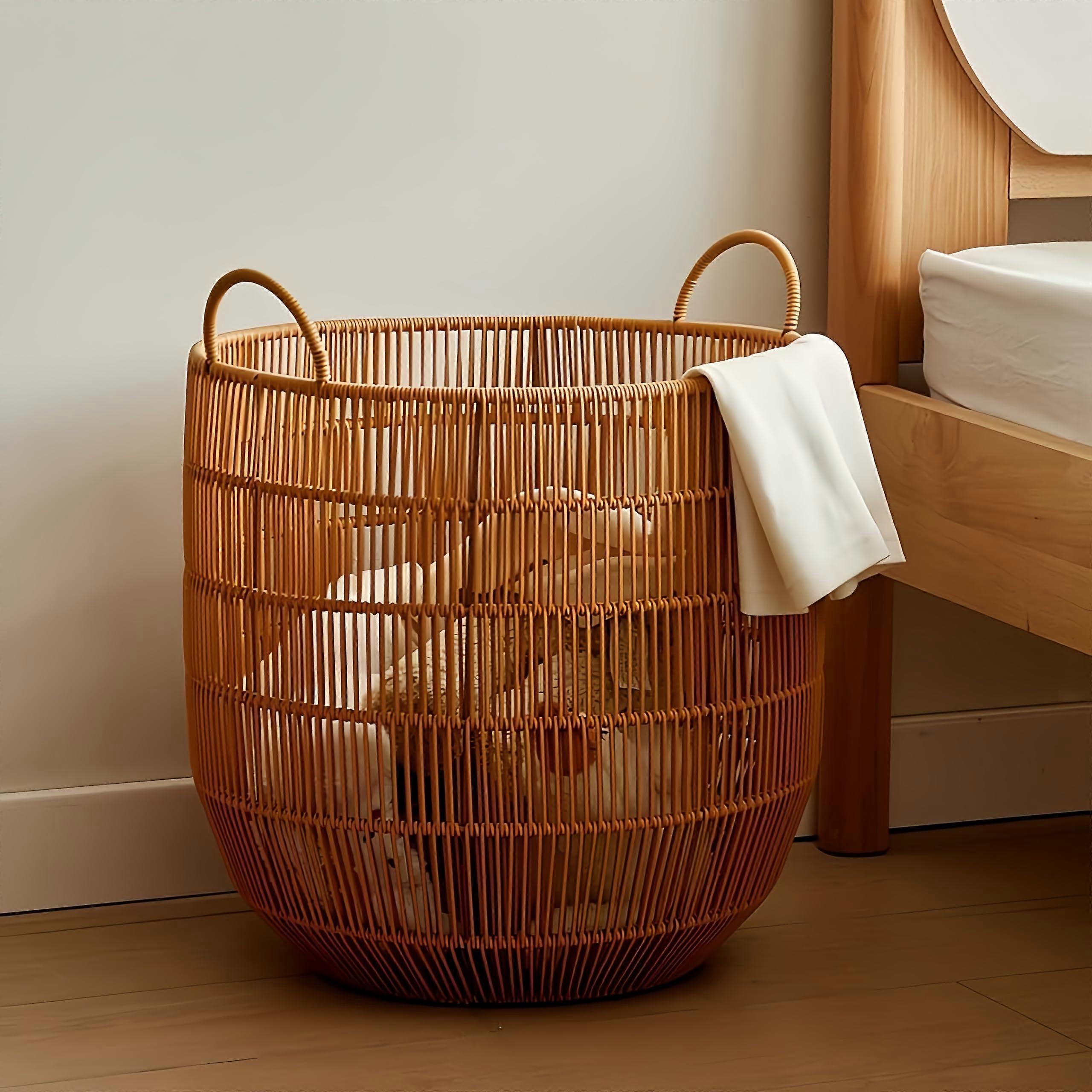 Large Round Laundry Basket with Handles, Handwoven Rattan Clothes Hamper, Durable Metal Frame