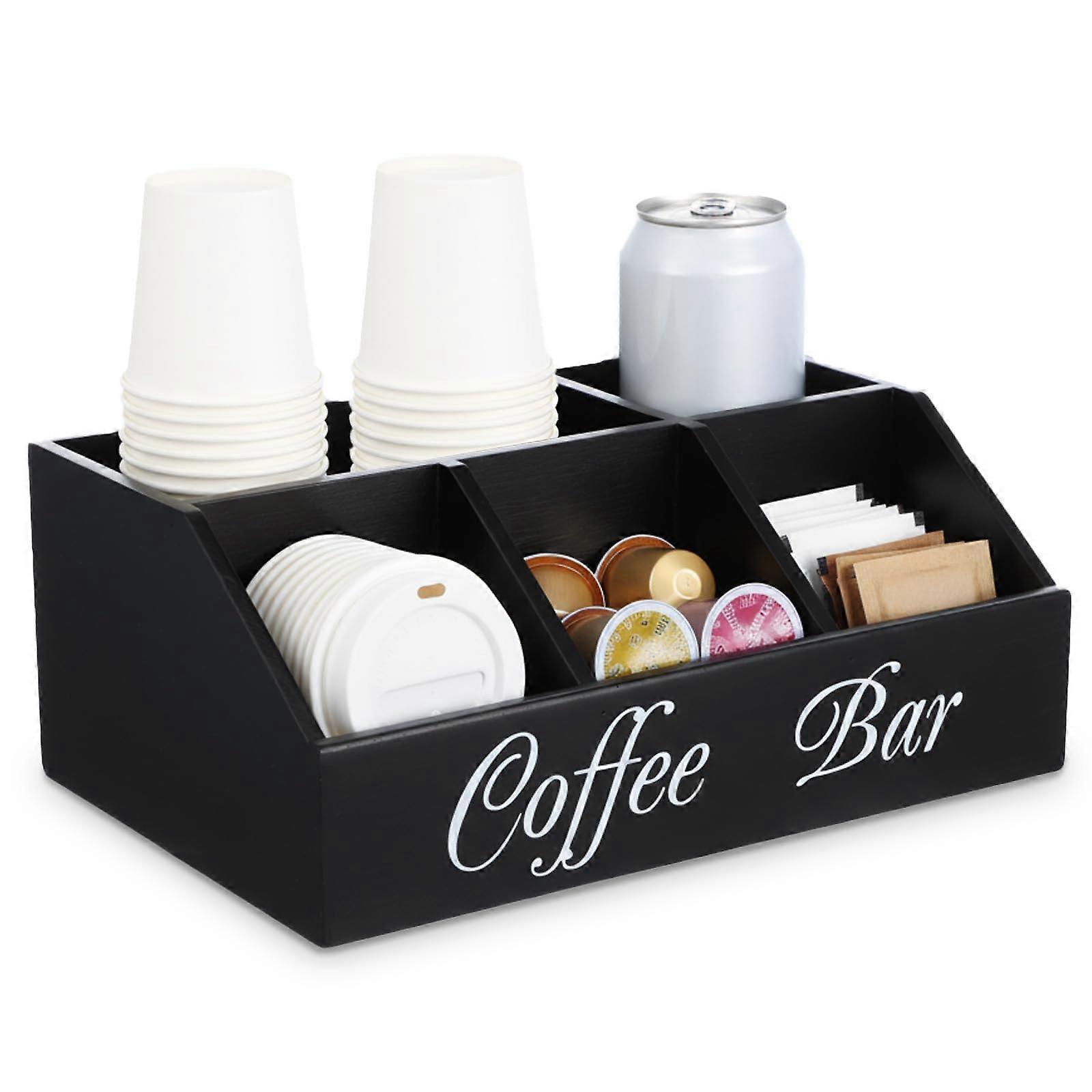 Rustic Wooden Coffee Bar Organizer with 5 Compartments for Pods, Tea and Farmhouse Countertops