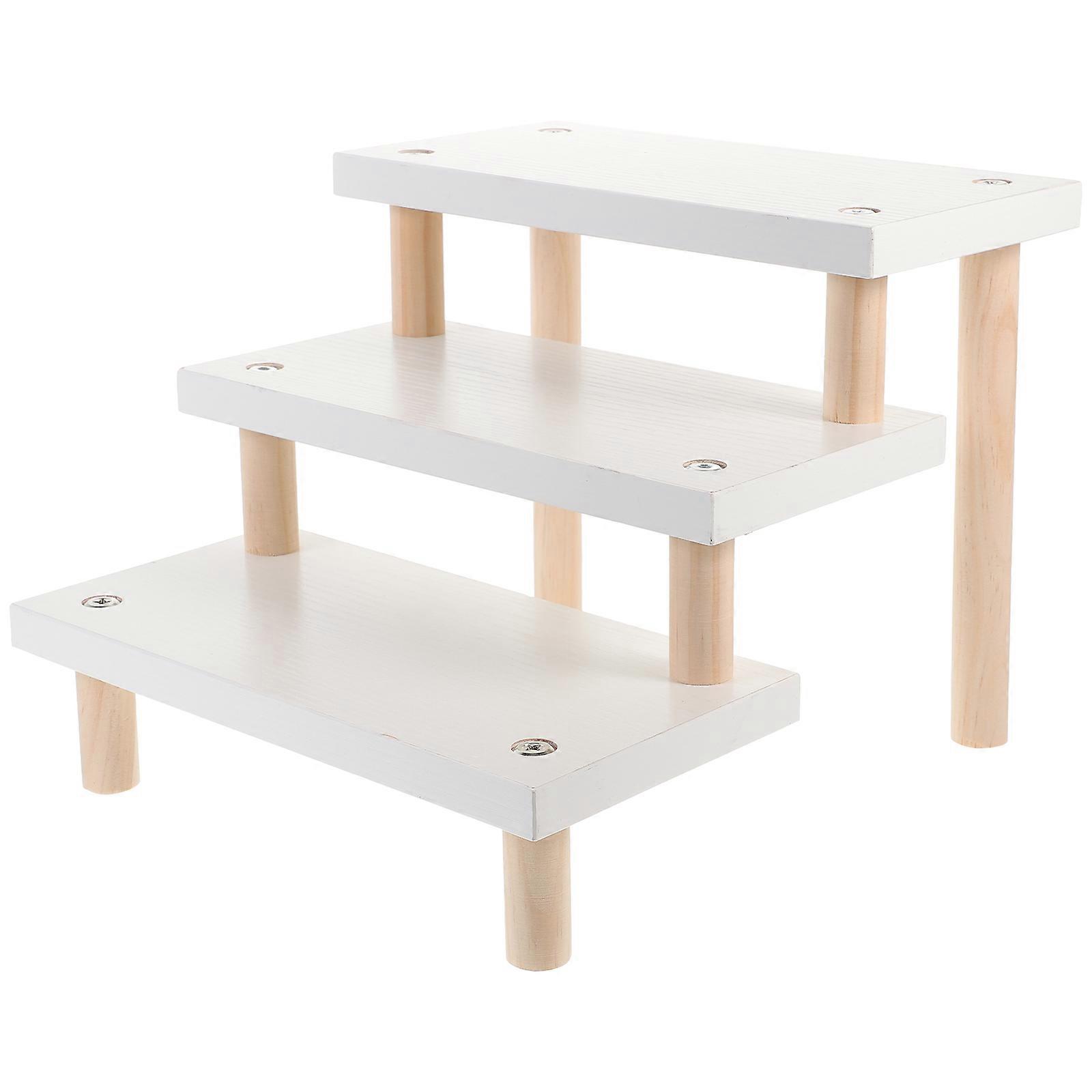Wood Display Stand 3 Tier Organizer For Figures Toys Rectangular White Storage 2Pcs