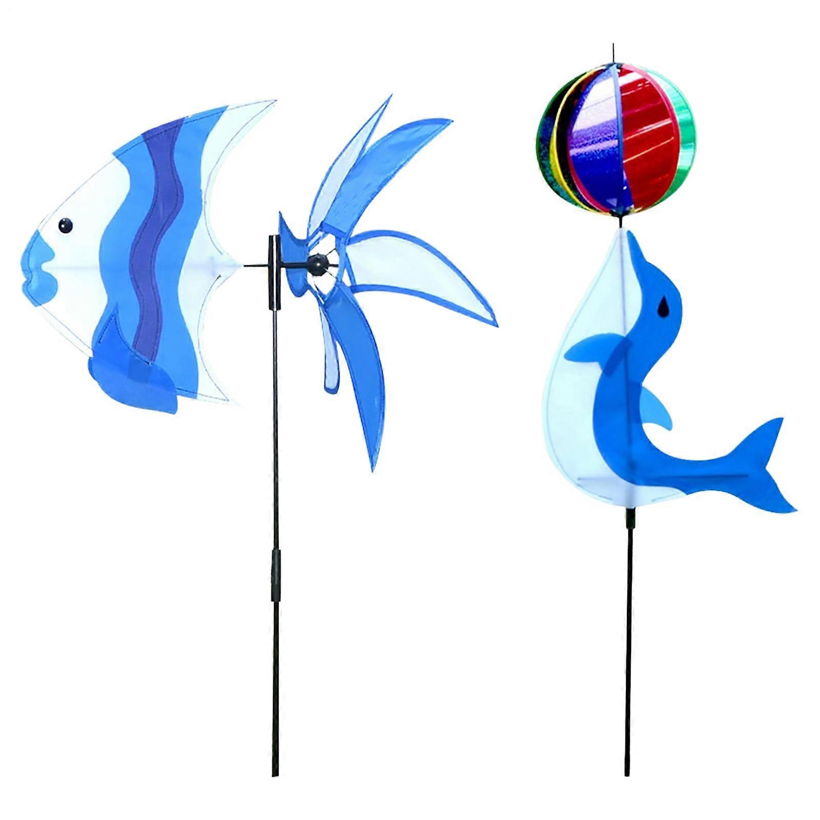 Garden Windmill Set with Dolphin Pattern, Rustproof Outdoor Lawn Spinner for Garden and Patio
