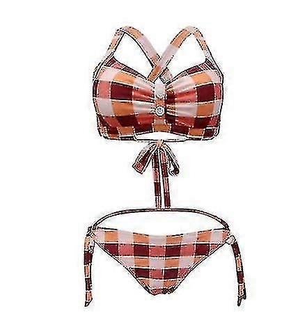 New Women's Retro Triangle Bikini Large Plaid Button Split Strap Swimsuit