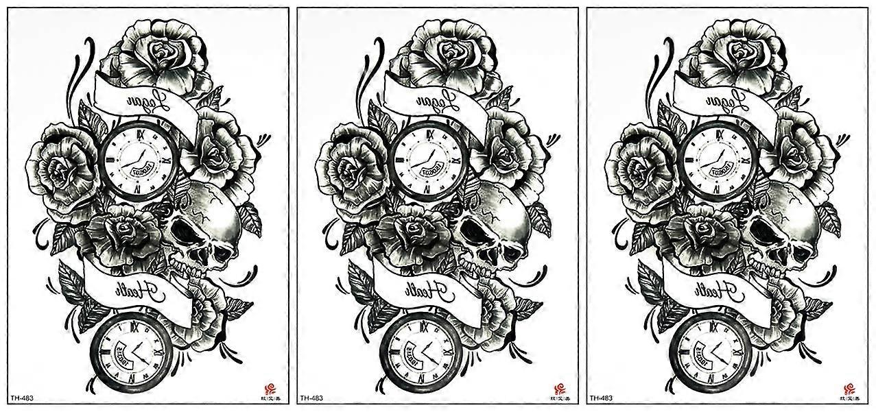 Realistic Rose and Vintage Clock Waterproof Temporary Tattoos 3 Sheets Removable Body Art