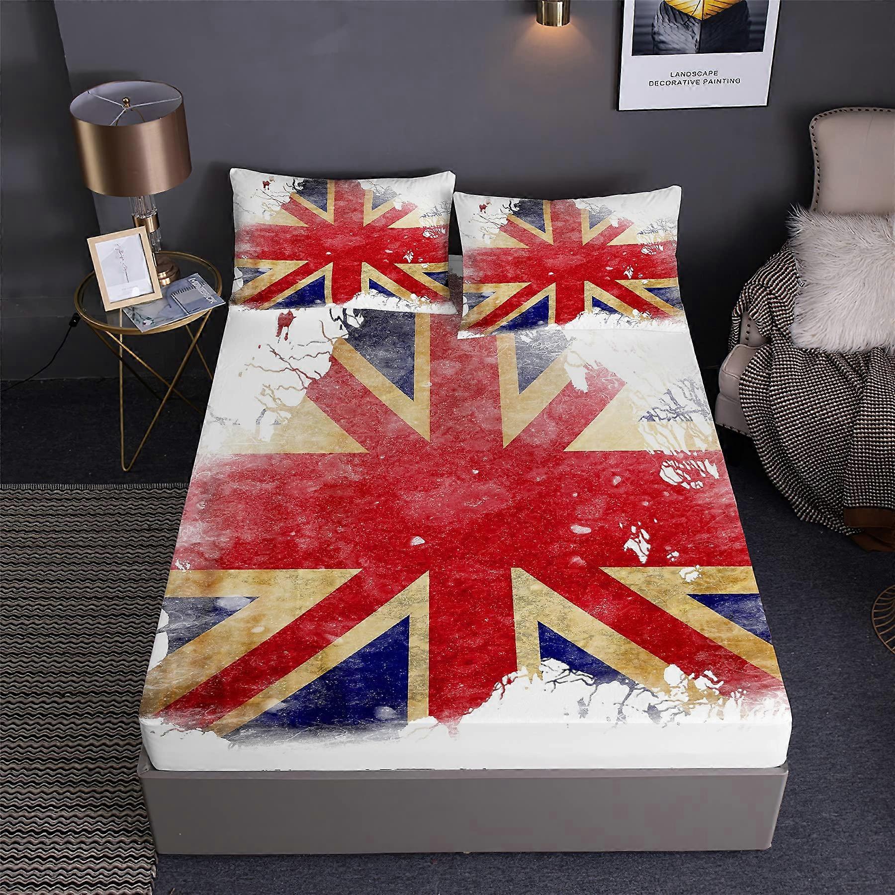 Queen 4 Piece Bedding Set with Union Jack Print, Fitted and Flat Sheets plus Pillowcases