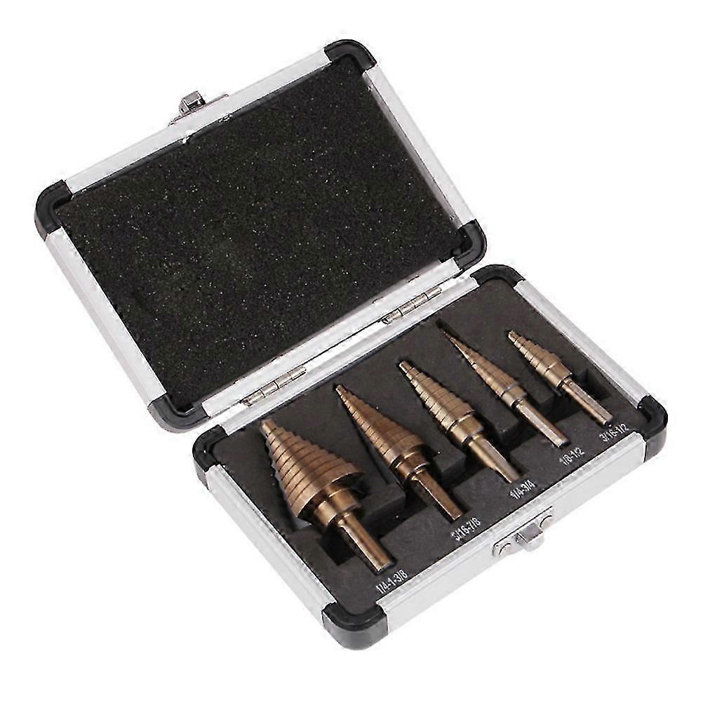 5-Piece HSS Step Cone Drill Bit Set, Multi-Color, Auto-Deburring, Titanium Coated, with Aluminum Case