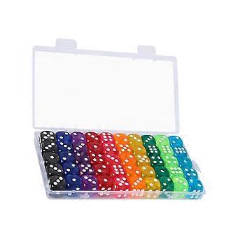 14 mm Acrylic Play Dices with 50 Six Face Number Markers, Mixed See Through Shades and Clear Lidded Case for Group Gatherings and Shared Rounds