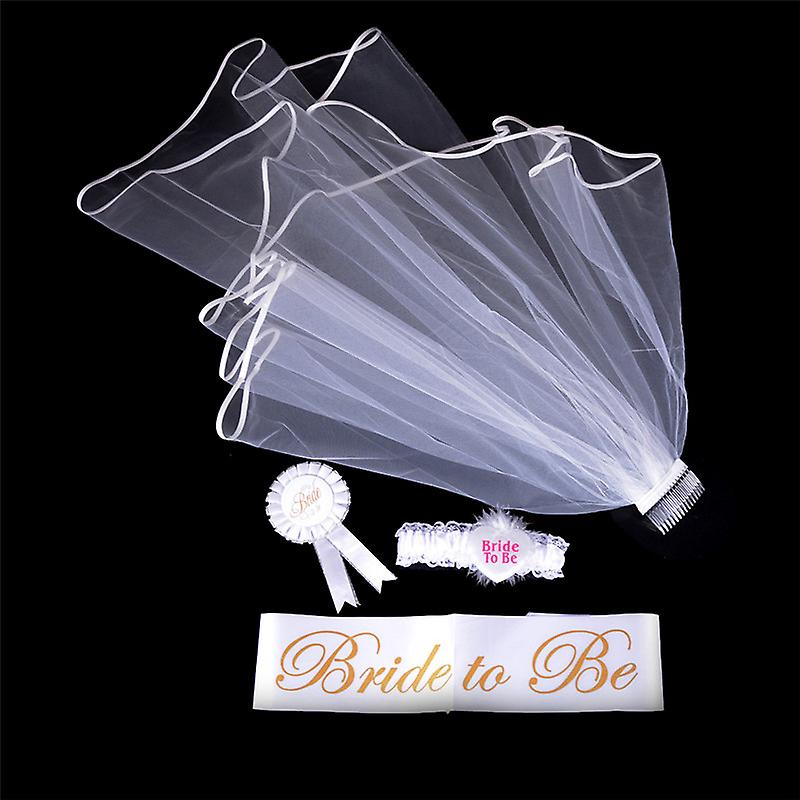 4pcs Bride To Be White Garter Sash Veil Badge Rosette Bachelorette Party Set