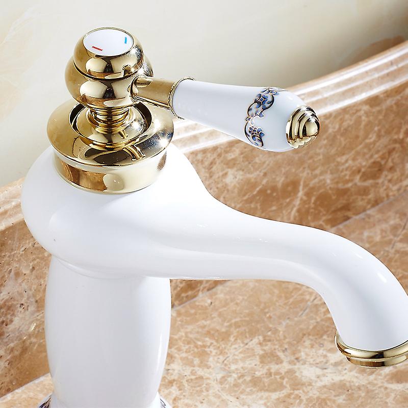 Ceramic Antique Brass Faucet – Blue & White Porcelain Long Neck Vintage Sink Tap | Single Handle Mixer For Bathroom/Kitchen