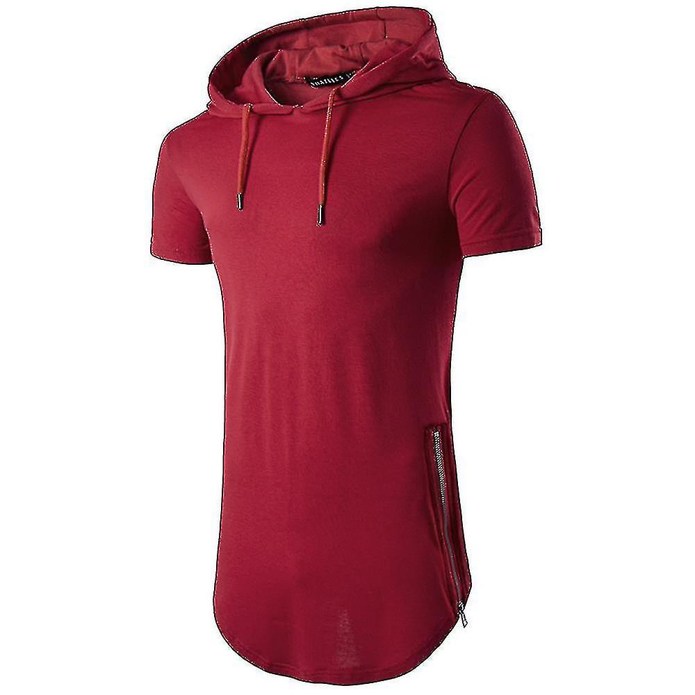 Men Hooded Casual T-shirt Side Zip Short Sleeve Sports Tee Long Top Tunic-e