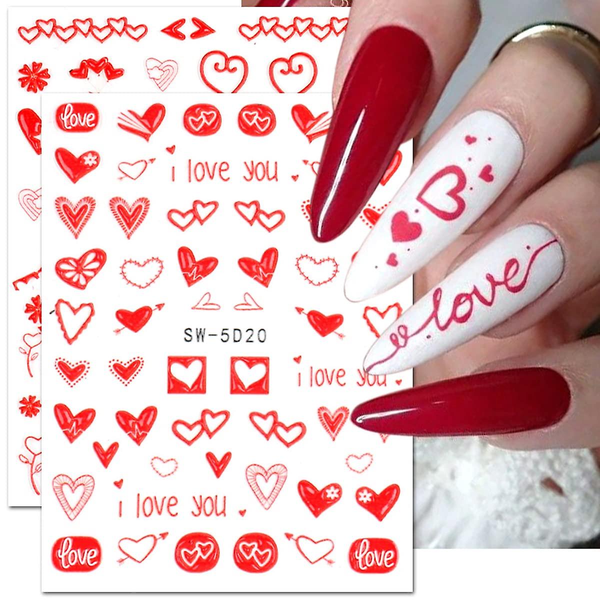 5D Valentine Red Nail Art Sticker Love Heart Holographic Laser Nail Decalques Kiss Romantic Line Flowers Letter Slider Embossed Nail Decoration Manicure 