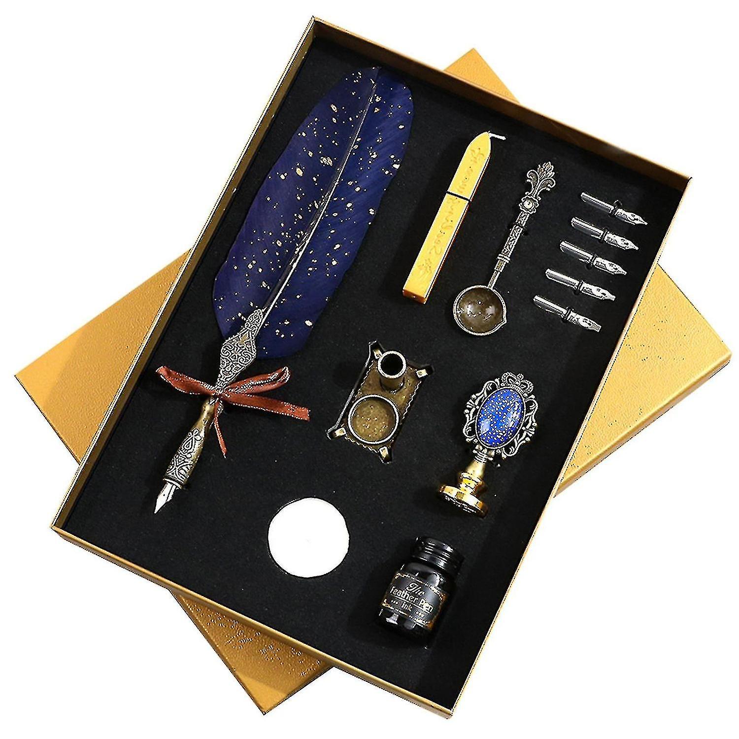 1 Set Quill Pen Set Nice-looking Meaningful Stainless Steel Smooth Writing Feather Pen Ink Kit Stati