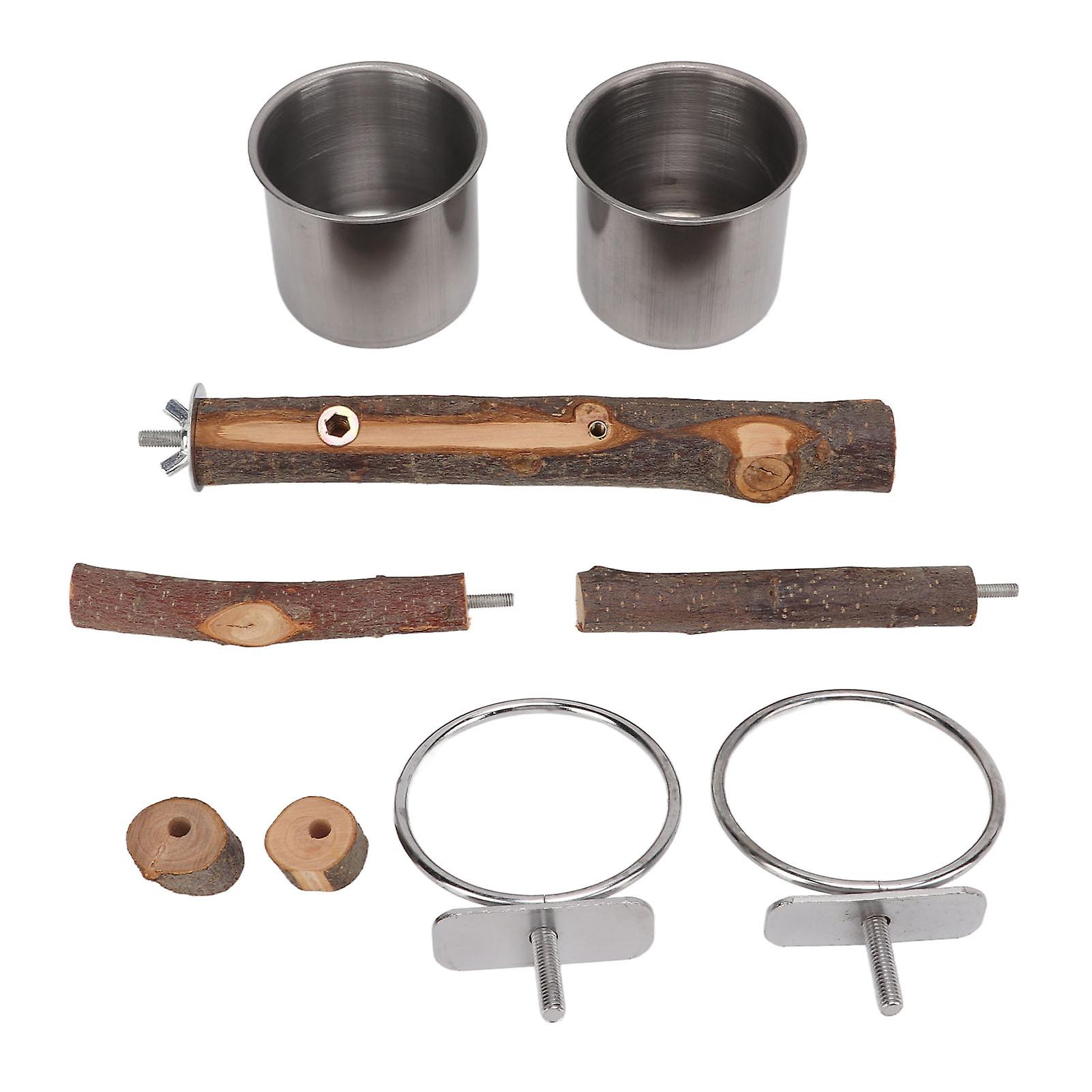 Support en bois pour perroquet avec bol en acier inoxydable, support pour mangeoire et ensemble combiné pour cage à oiseaux