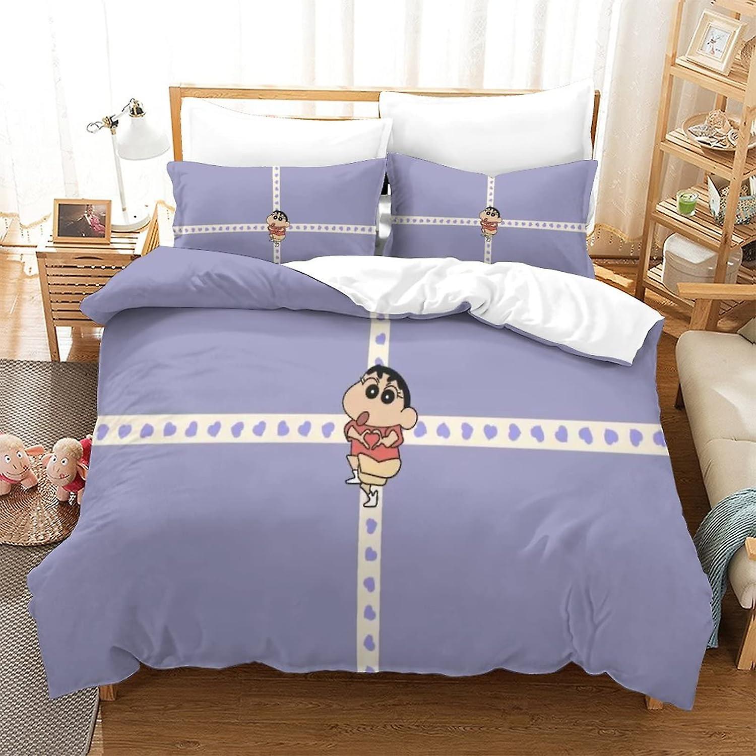 Crayon Shin-chan 3D-tryck påslakan Mikrofibertäcke med dragkedja för barn Tonåringar Vuxna Sängkläder 3-delat set (Dubbel)