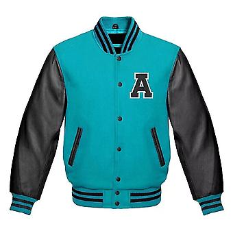 Varsity Letterman Baseball Jacket With Aqua Blue Wool And...