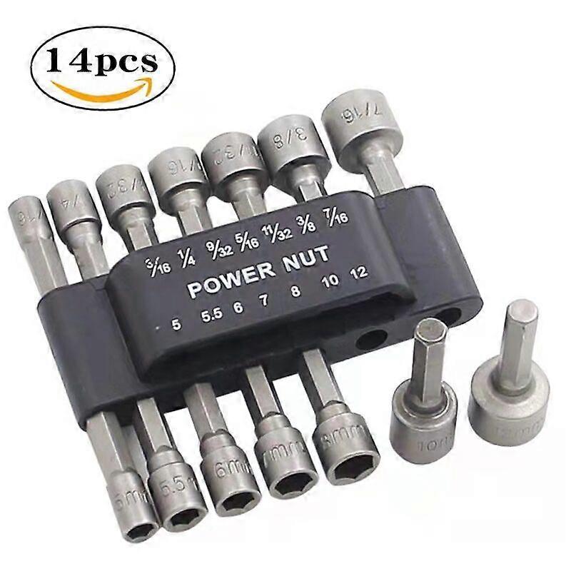 5mm-12mm Hex Nut Driver Powerful Drill Bits Metric Socket Adapter Solid Socket Wrench Sleeves for Screws -14 pcs