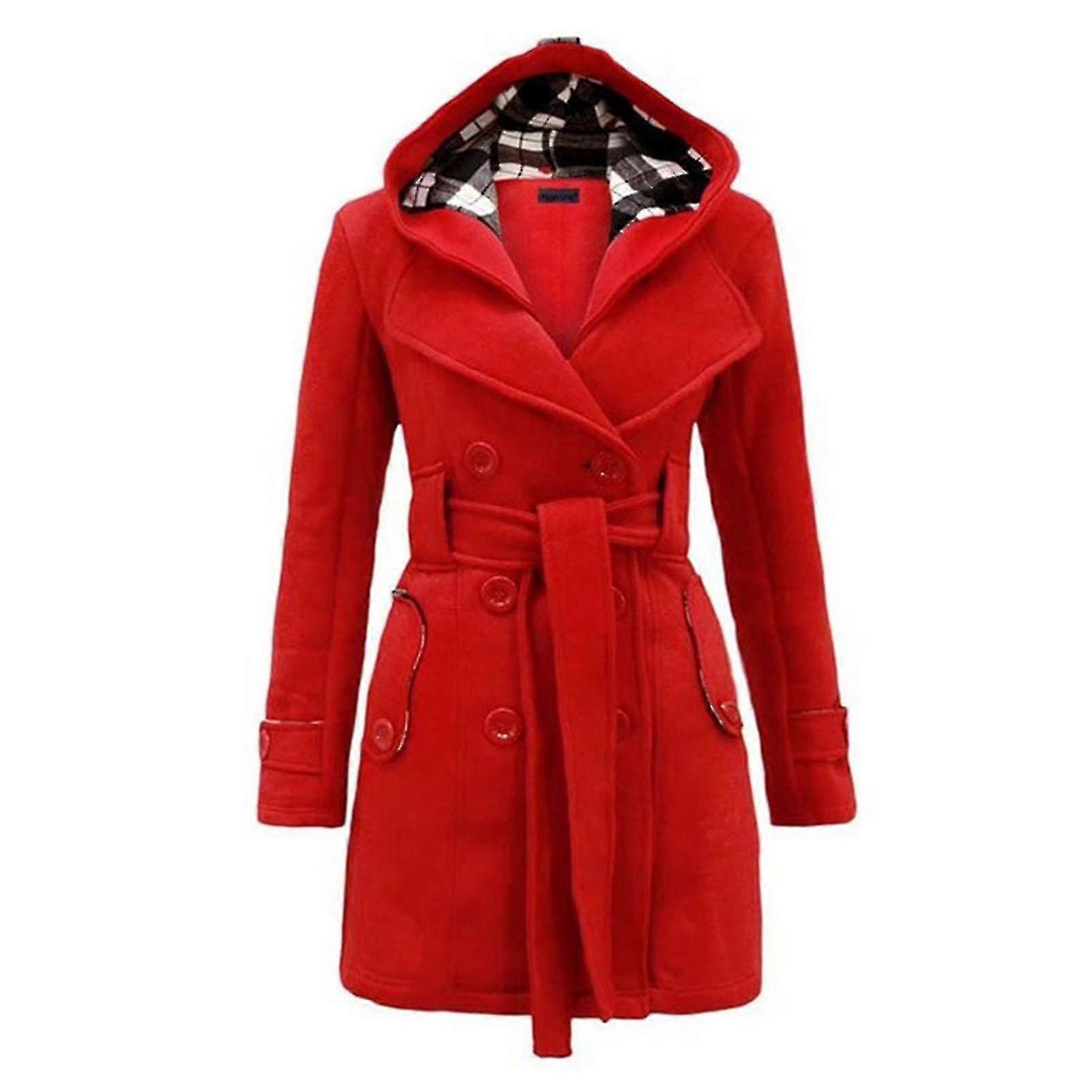 Hoodie feminino Casaco de ervilha duplo de peito duplo feltro longo com cinto de cintura