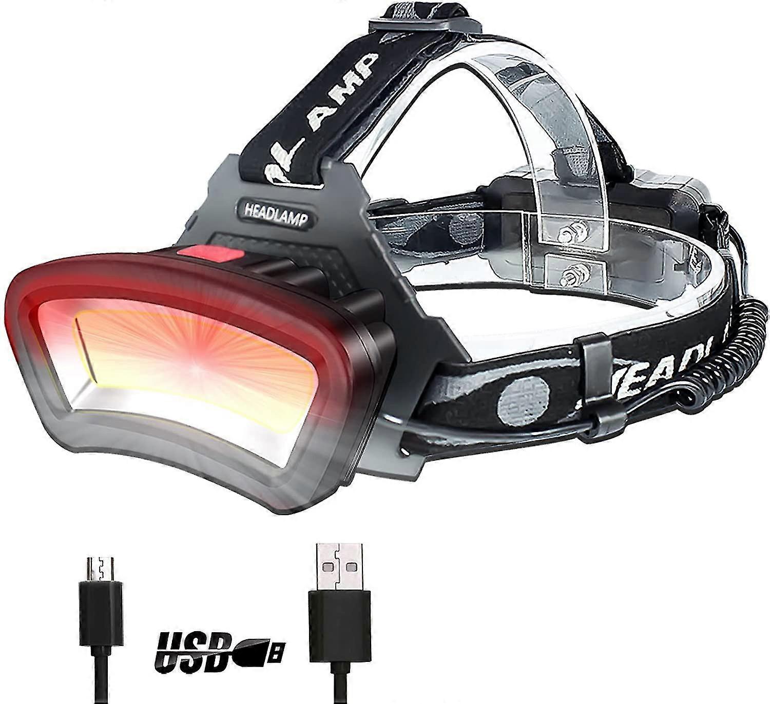 Cob Headlamp Head Torches Led Spotlight With Usb Rechargeable Red Light 2000 Lumens Durable Car Maintenance And Night Construction - 7-14 Hours Run Ti