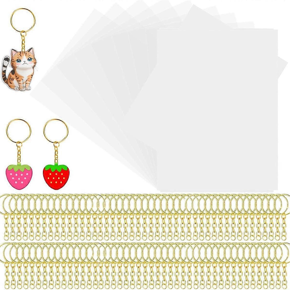Heat Shrink Plastic Sheet Kit Shrink Papers 25 PCS Large Shrink Film Papers with 100 PCS Keychains for Kids (11.4x8inch)
