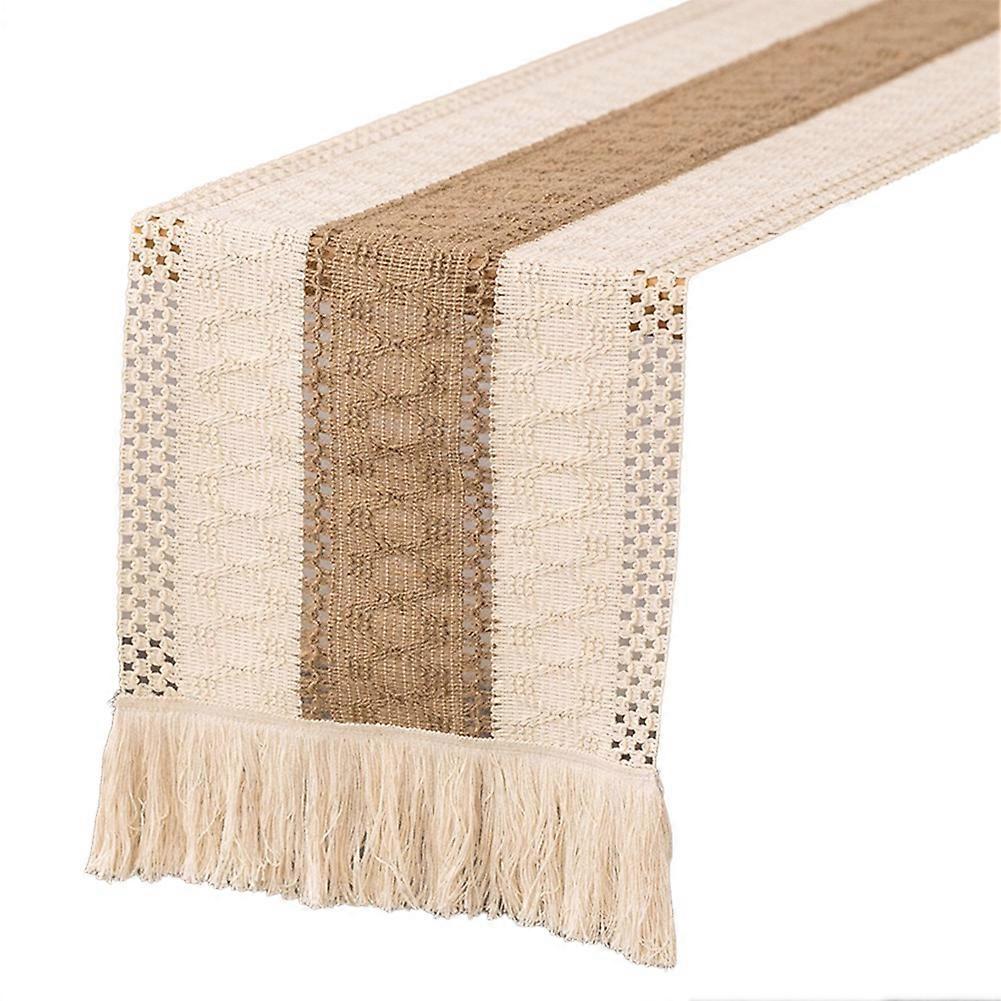 Cream Beige Bohemian Style Table Towel with Hand Woven Cotton Linen Splicing Table Farmhouse Table