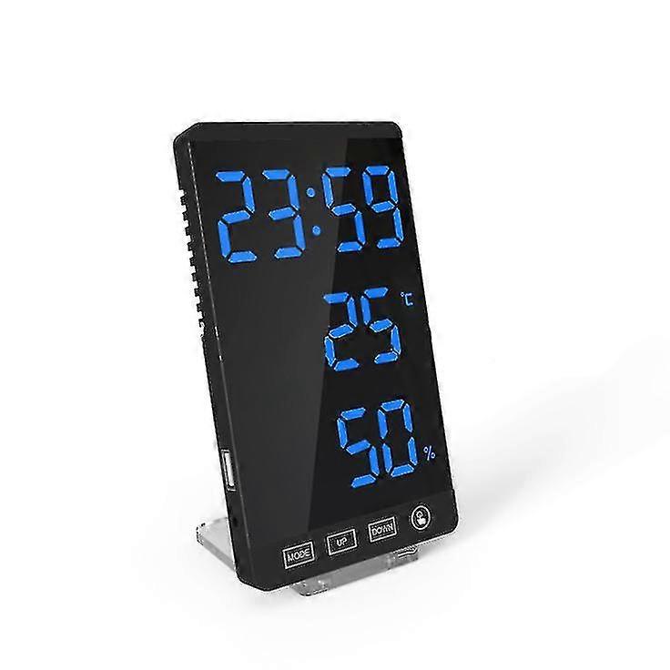 Led Mirror Clock Thermometer And Hygrometer Electronic Weather Alarm Clock In Black And Blue -