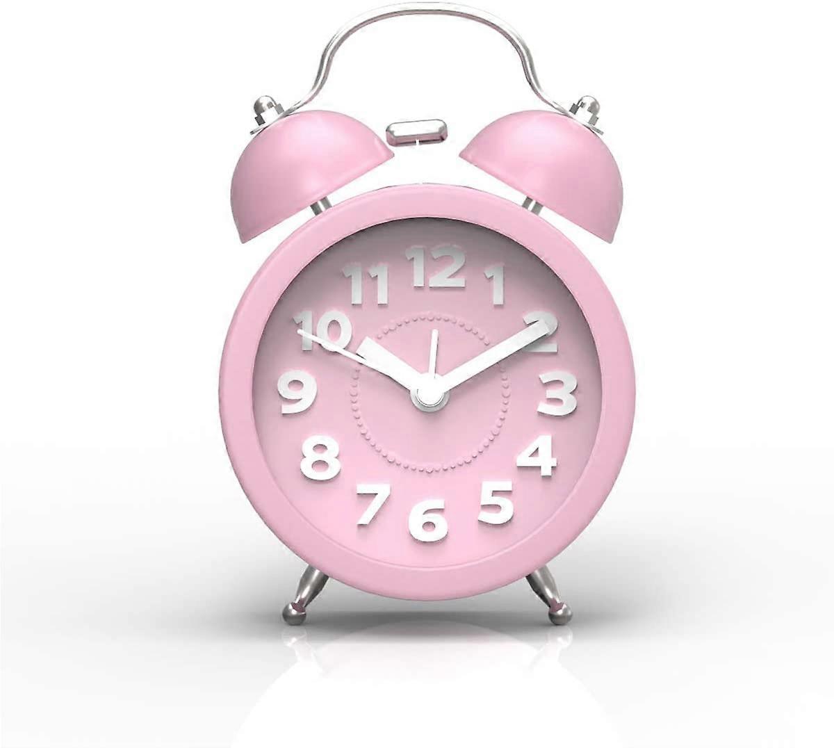 Mini Non-Ticking Vintage Classic Analog Alarm Clock with Backlight, Battery Operated Travel Clock, Loud Twin Bell Alarm Clock for Kids(Pink)