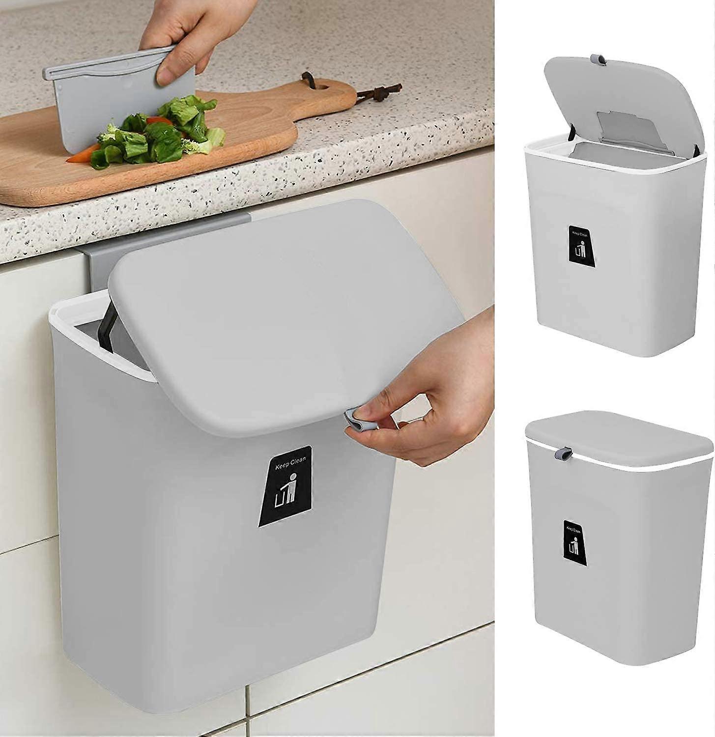 Hanging Trash Can Kitchen Waste Bin with Lid(Grey)