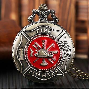 Classic Retro Firefighters Embossed Bronze Quartz Pocket Watch Souvenir Pendant Clock Gifts with Fob Chain Antique Timepiece