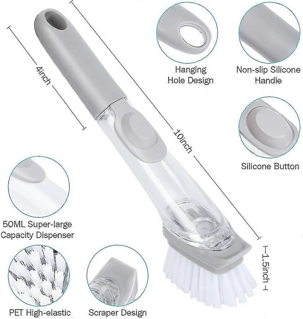 Soap Dispensing Dish Brush,with 1 Handle And 3 Brush Heads, Clear/gray