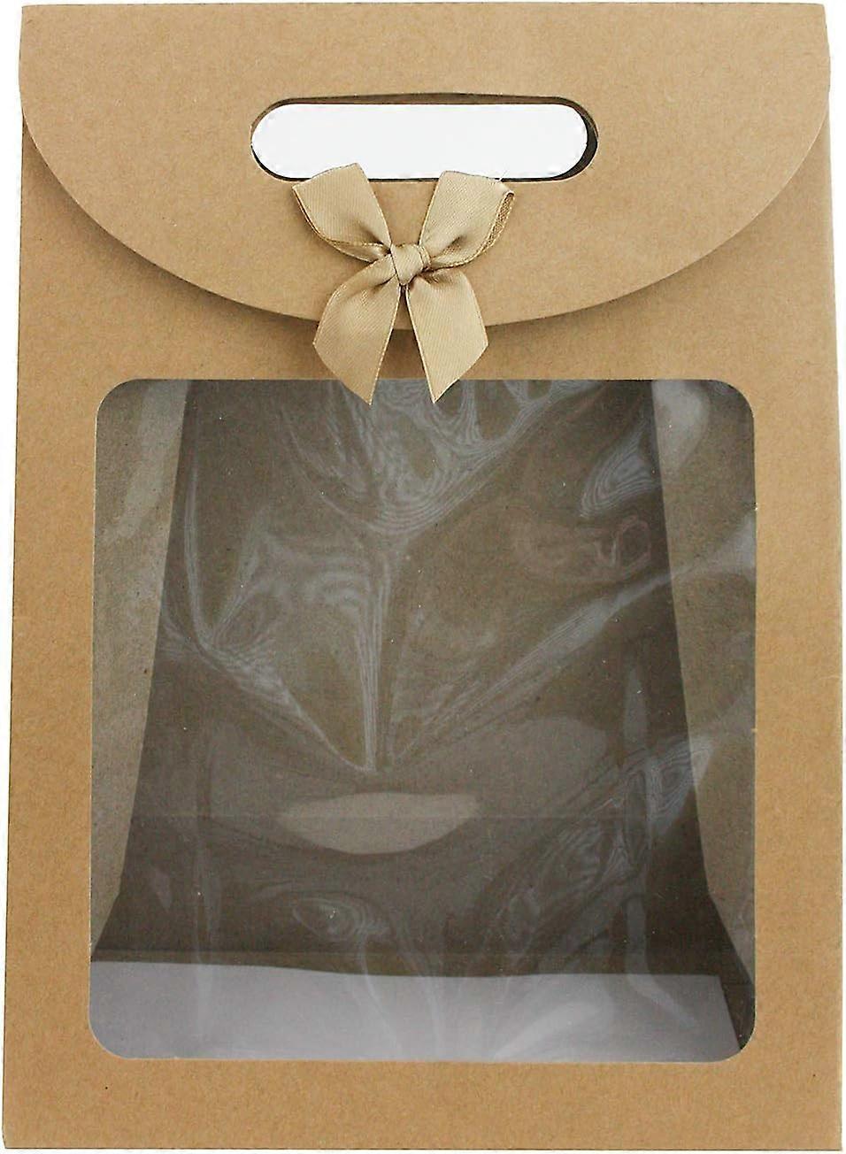 Strong paper stand-up gift bag, 20cm x 14cm x 7cm, brown kraft paper bag with clear window and bow - pack of 24