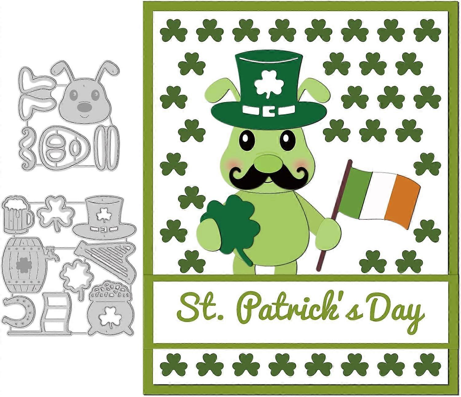 2Pcs 2 Styles Saint Patrick's Day Carbon Steel Cutting Dies Stencils Stainless Steel Color Shamrock & Leprechaun Top & Flag Mixed Patterns 6.7~9x7.4~9