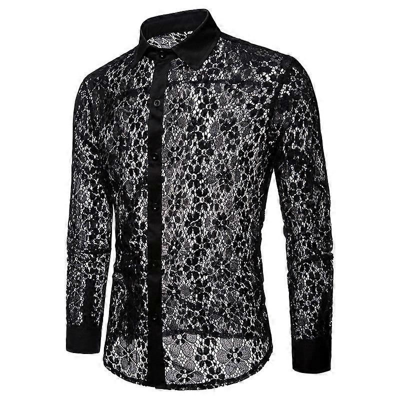 Men's Fishnet Button Down Shirts, See Through Lace Sheer Shirts