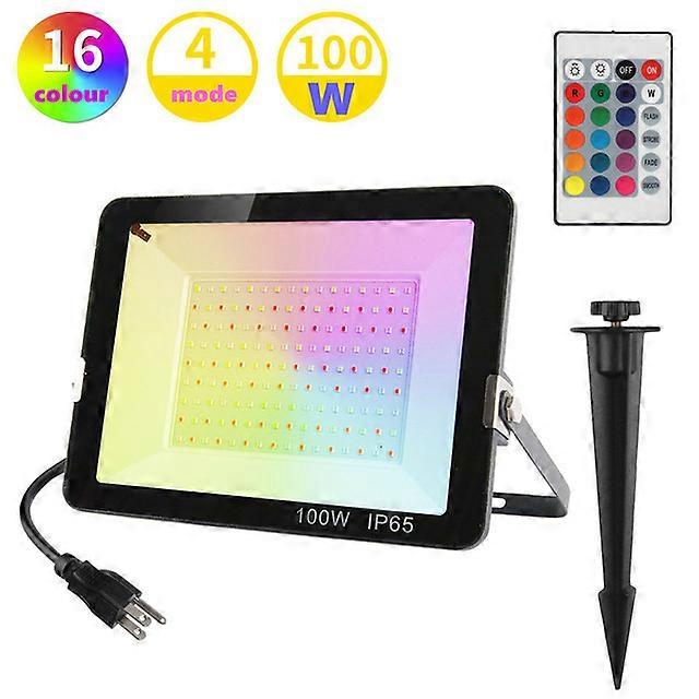 100w Outdoor Rgb Led Floodlight With Remote Control, 16 Colors & 4 Modes, Waterproof Ip67