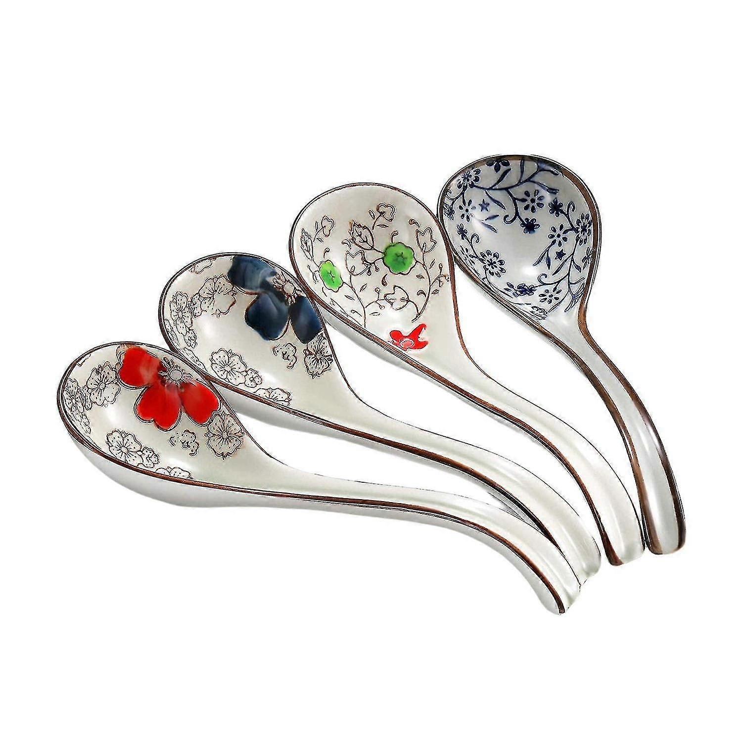 4 Pieces Asian Retro Nese Ceramic Rice Spoons Curved Ramen Soup Spoon Ed Flower Spoons With